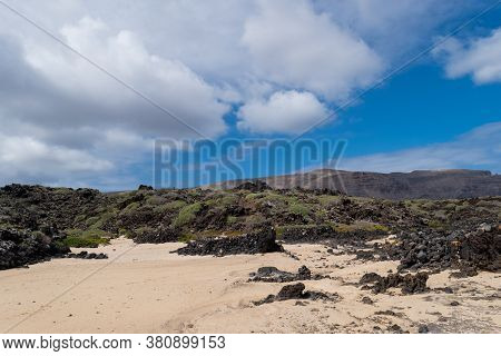 View Of Volcanic Rocks And Vegetation On Caleton Blanco Beach, Lanzarote Canary Islands Spain