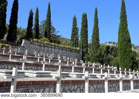 Mignano MonteLungo, Italy - August 14, 2020: The military cemetery which contains the remains of 974