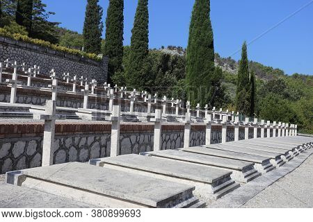 Mignano Montelungo, Italy - August 14, 2020: The Military Cemetery Which Contains The Remains Of 974