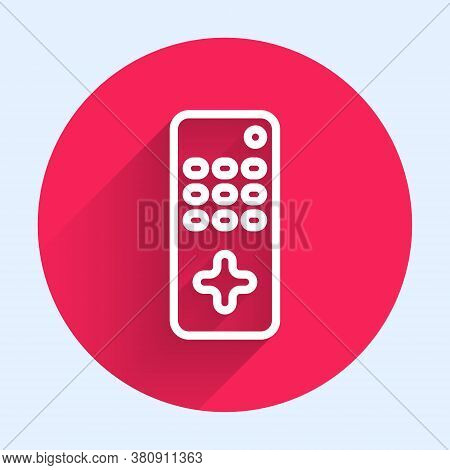 White Line Remote Control Icon Isolated With Long Shadow. Red Circle Button. Vector Illustration