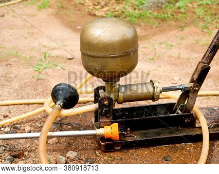 Old Manuel  Spraying Pump Set Made Of Copper And Iron For Agriculture, Vintage