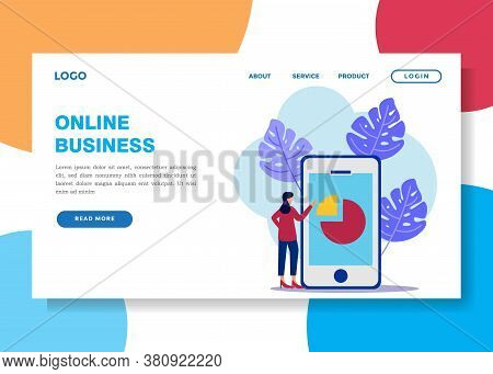 Vector Illustration Of A Businessman Building A Business On The Internet. Mobile Screen With A Websi