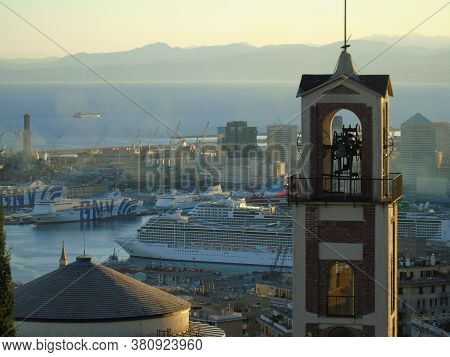 Genoa, Italy - August 2020: Aerial View Of Shipping And Container Terminal, Stacked Containers And L