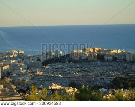Genoa, Italy - August 2020: Aerial View Of Shipping And Container Terminal, Stacked Containers And L