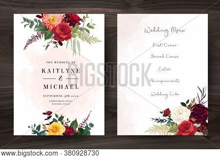 Moody Boho Chic Wedding Vector Bouquet Cards. Warm Fall And Winter Tones. Orange Red, Taupe, Burgund
