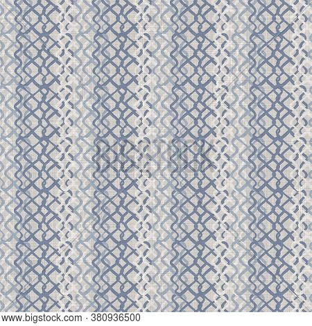 Seamless French Farmhouse Linen Summer Block Print Background. Provence Blue Gray Linen Rustic Patte