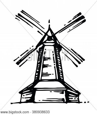 Windmill. Outline Hand Drawing. Vector Isolated Object On A White Background. A Farm For The Product