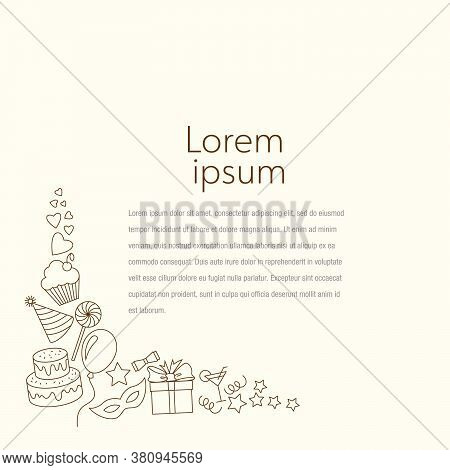 Invitation To A Party Or Birthday Party. A Set Of Linear Holiday Symbols On A Light Background.
