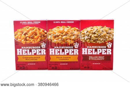 Three Boxes Of Hamburger Helper Isolated On White For Illustrative Editorial