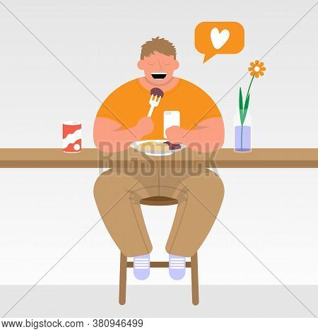 The Man At The Cafe Table Looks At The Phone And Eats. Vector Flat Illustration For Poster, Menu, Br