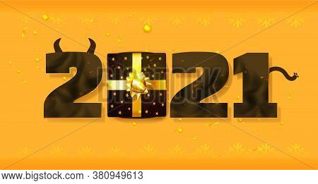 2021 Year. Year Of The Bull. Black Numbers On Yellow Background With Gold Elements And Ornaments. Co