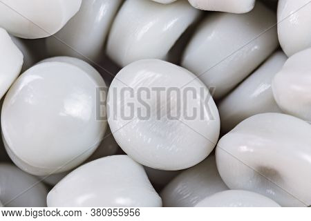 White Plastic Beads On Wood  Background, Polymers Bead Or Polymer Resin, Polymer Pallet, Product Fro