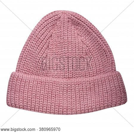 Womens Pnk Hat Top View. Knitted Hat Isolated On White Background.