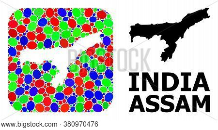 Vector Mosaic And Solid Map Of Assam State. Bright Geographic Map Created As Stencil From Rounded Sq