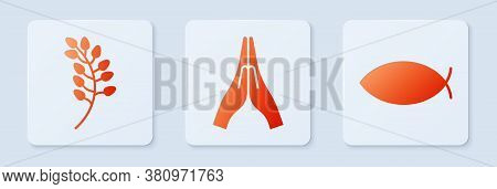 Set Hands In Praying Position, Willow Leaf And Christian Fish. White Square Button. Vector
