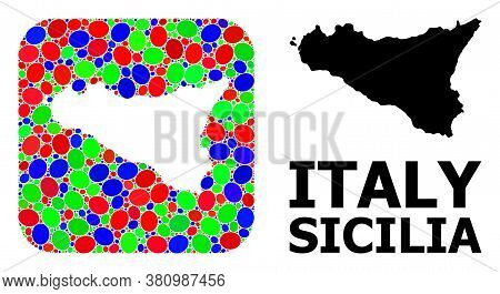 Vector Mosaic And Solid Map Of Sicilia Island. Bright Geographic Map Created As Hole From Rounded Sq