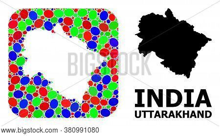 Vector Mosaic And Solid Map Of Uttarakhand State. Bright Geographic Map Designed As Carved Shape Fro