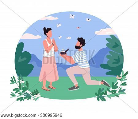 Marriage Proposal 2d Vector Web Banner, Poster. Man On One Knee Present Diamond Ring. Romantic Coupl
