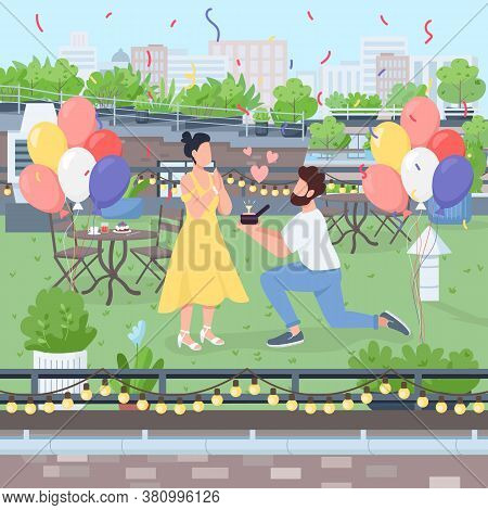 Surprise Marriage Proposal Flat Color Vector Illustration. Boyfriend Propose On Knee With Diamond Ri