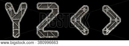 Mechanical alphabet made from rivet metal with gears on black background. Set of letters Y, Z and symbol left, right angle bracket. 3D rendering
