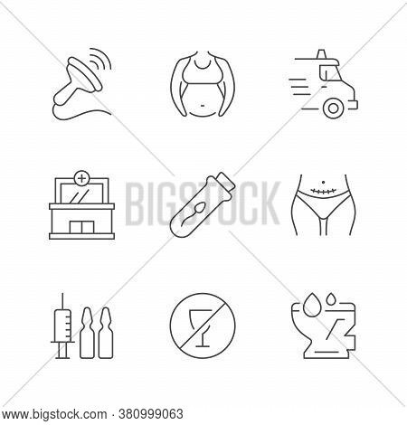 Set Line Icons Of Pregnancy Isolated On White. Ultrasound Test, Ambulance Car, Maternity Hospital, A