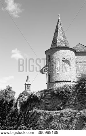 Deserted Sights In France In Black And White. Castle In Medieval French City Of Florac