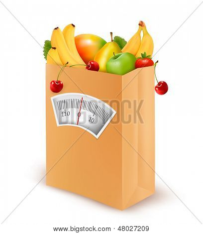 Dieta saudável. Alimentos frescos em um saco de papel. Ilustração vetorial. 