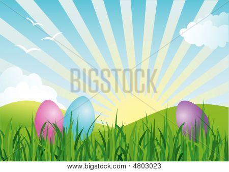 Colorful Easter Eggs In Spring Landscape