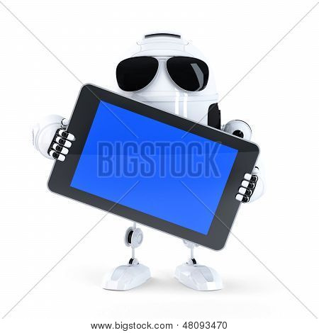 Android 机器人持有相思屏幕的移动设备