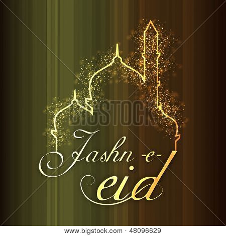 Jashn-e-Eid (Celebration of festival Eid) text with illustration of shiny mosque on abstract background. 