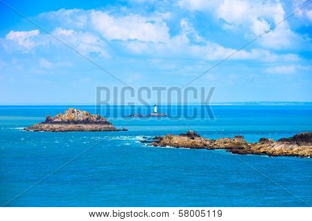 Brittany Ocean Panorama, Islands And Lighthouse Point Du Grouin. Cancale, France
