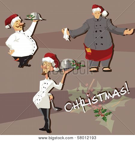 Set of chefs in Christmas hats