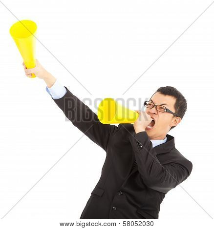 Asian Businessman  Encouraging With Cheering Megaphone