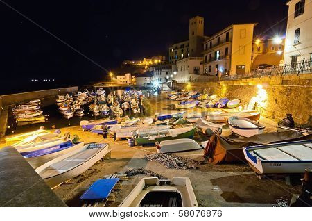 night view of ancient port in Piombino, Tuscany