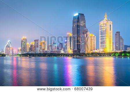 Xiamen, China skyline at twilight.