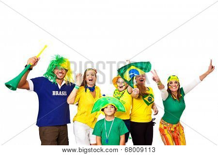 Brazilian fans half body celebrating and cheering on footer / white background
