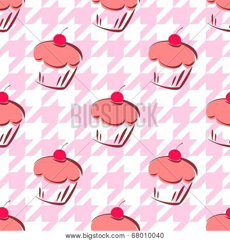 Tile vector background with cherry cupcake and pink houndstooth pattern