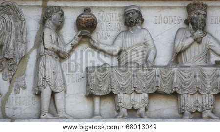 PARMA, ITALY - MAY 01, 2014: Detail of marble carvings on the baptistery from Benedetto Antelami. Baptistery in Parma is considered to be among the most important Medieval monuments in Europe.
