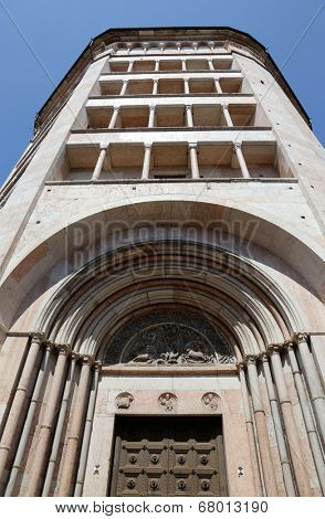 PARMA, ITALY - MAY 01, 2014: Baptistery on Piazza del Duomo in Parma from Benedetto Antelami. Baptistery in Parma is considered to be among the most important Medieval monuments in Europe.