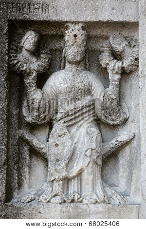 PARMA, ITALY - MAY 01, 2014: Detail of marble carvings on the baptistery from Benedetto Antelami. Baptistery in Parma is considered to be among the most important Medieval monuments in Europe.