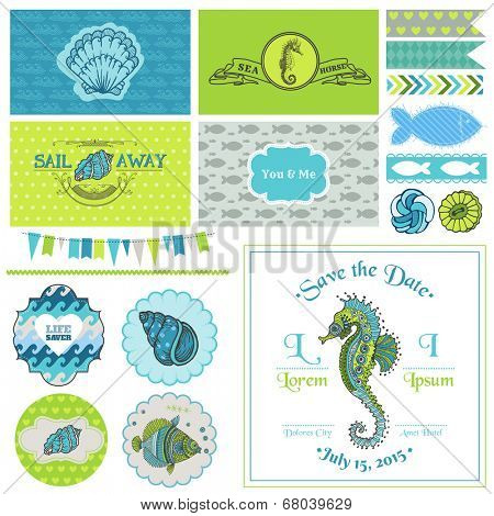 Vintage Seahorse Party Set - for Party Decoration, Scrapbook, Wedding - in vector