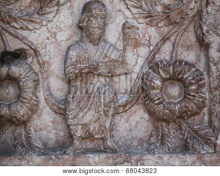 PARMA, ITALY - MAY 01, 2014: Detail of marble carvings on the baptistery from Benedetto Antelami. Baptistery in Parma is considered to be among the most important Medieval monuments in Europe.
