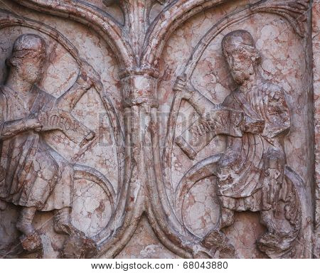 PARMA, ITALY - MAY 01, 2014: Detail of marble carvings on the baptistery from Benedetto Antelami. Baptistery in Parma is considered to be among the most important Medieval monuments in Europe.