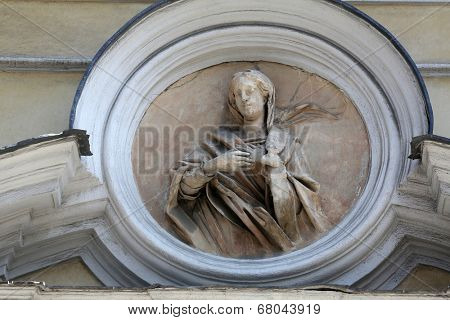 PARMA, ITALY - MAY 01, 2014: Saint Lucia statue, St Lucia church. Church, originally known as St. Michael in the Channel is mentioned in documents in 1223, built in 1615 and dedicated to St. Lucia