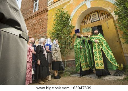KRASNY BRONEVIK, RUSSIA - JULY 7, 2014: Celebrations commemorating the Rev. Anthony Dymsky (died 1224) in Antony Dymsky Monastery - Procession on Lake Dymsky, the great blessing of water and bathing.