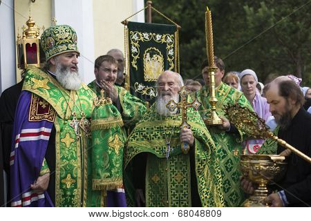 KRASNY BRONEVIK, RUSSIA - JULY 7, 2014: Celebrations commemorating the Rev. Anthony Dymsky (died 1224) in Antony Dymsky Monastery - Procession on Lake Dymsky, the great blessing of water and bathing.