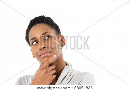 Portrait Of Contemplative African Young Woman Isolated On White Background
