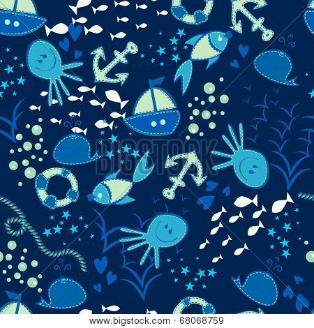 Seamless vector doodle sea pattern