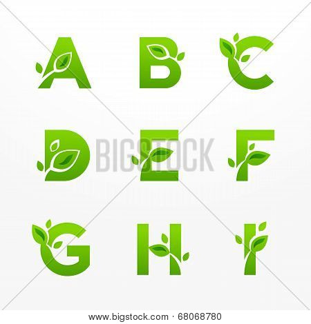 Vector set of green eco letters with leaves. Ecological font from A to I.