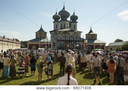 TIKHVIN, RUSSIA - JULY 9, 2014: Celebrations on the occasion of the 10th anniversary of the return of the Tikhvin icon of the Mother of God, Procession and divine Liturgy in Uspensky monastery.